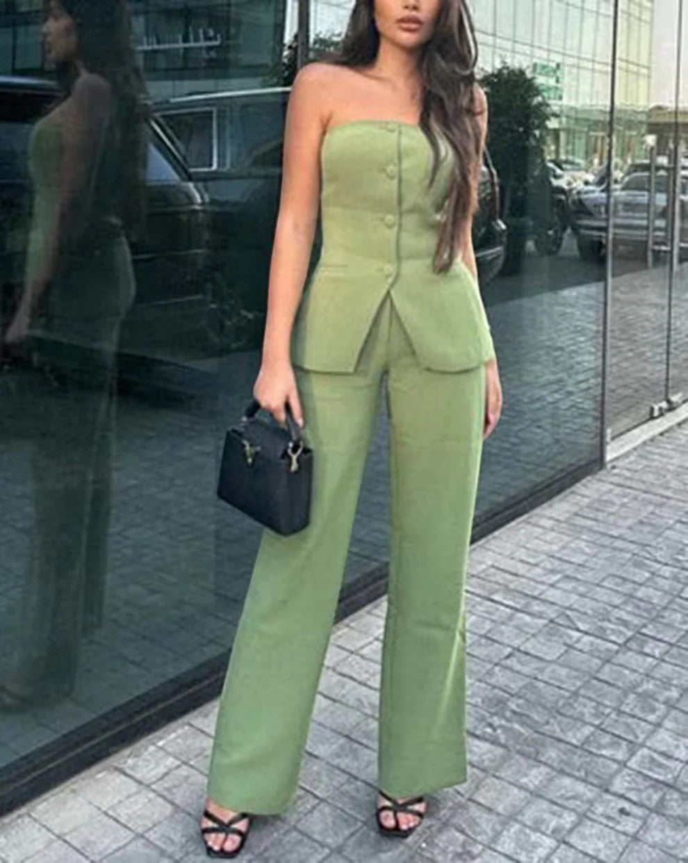 Claire Mode | Completo pantaloni donna due pezzi tailleur senza spalline in tessuto intrecciato