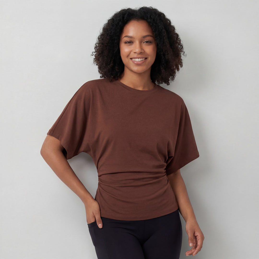 Damen Top mit Fledermausärmeln aus Stoff – Tailliert, lässiger Schnitt
