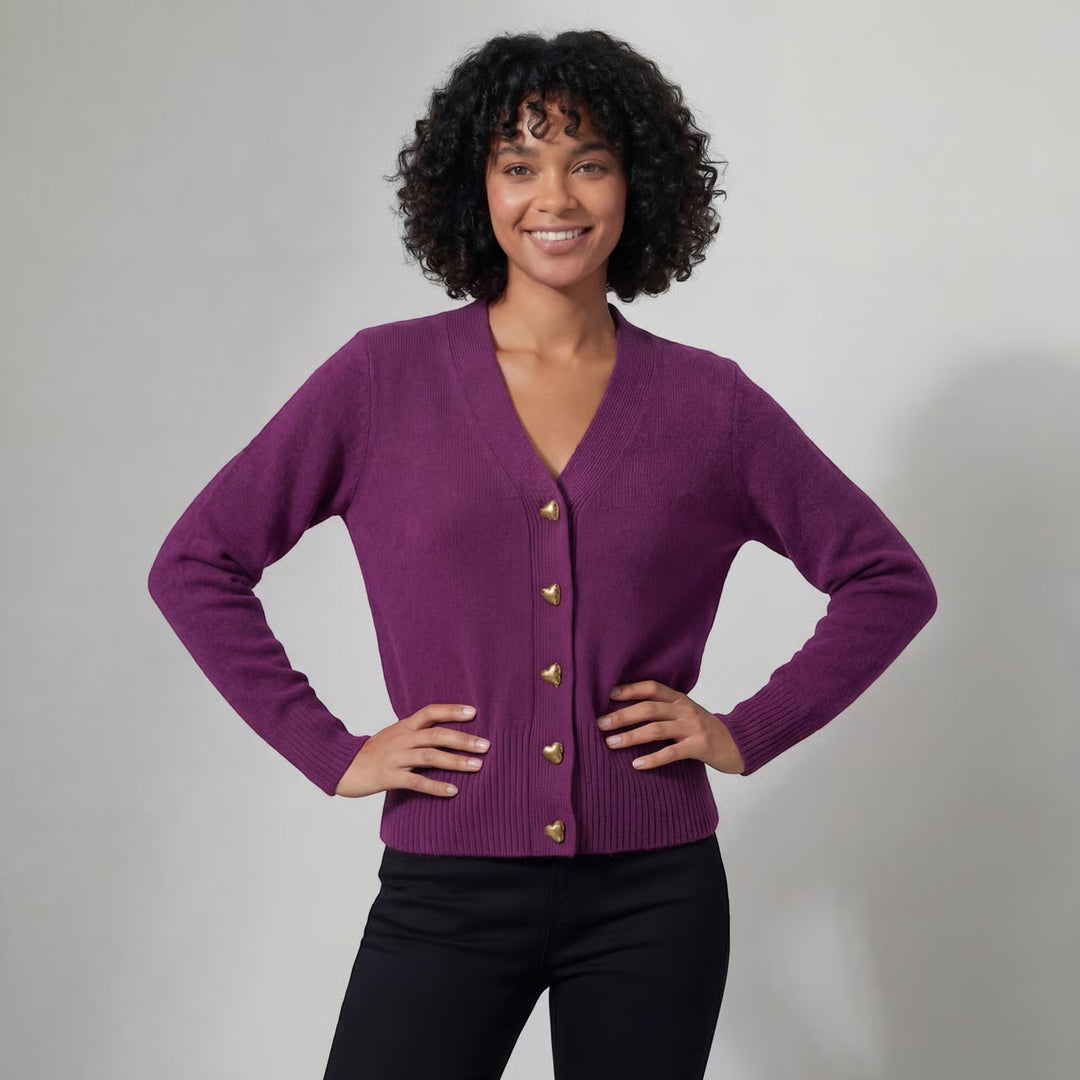 Damen Strickjacke mit V-Ausschnitt – Legere Passform mit Herzschließe
