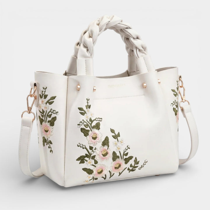 Borsa shopper da donna in pelle con ricamo floreale – borsa strutturata di media grandezza da portare a spalla