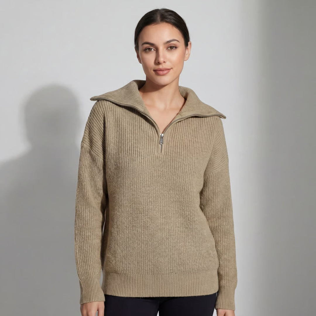 Damen Rippenstrick-Pullover mit halbem Reißverschluss