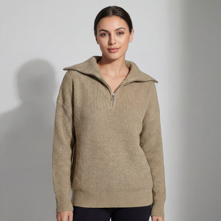 Damen Rippenstrick-Pullover mit halbem Reißverschluss