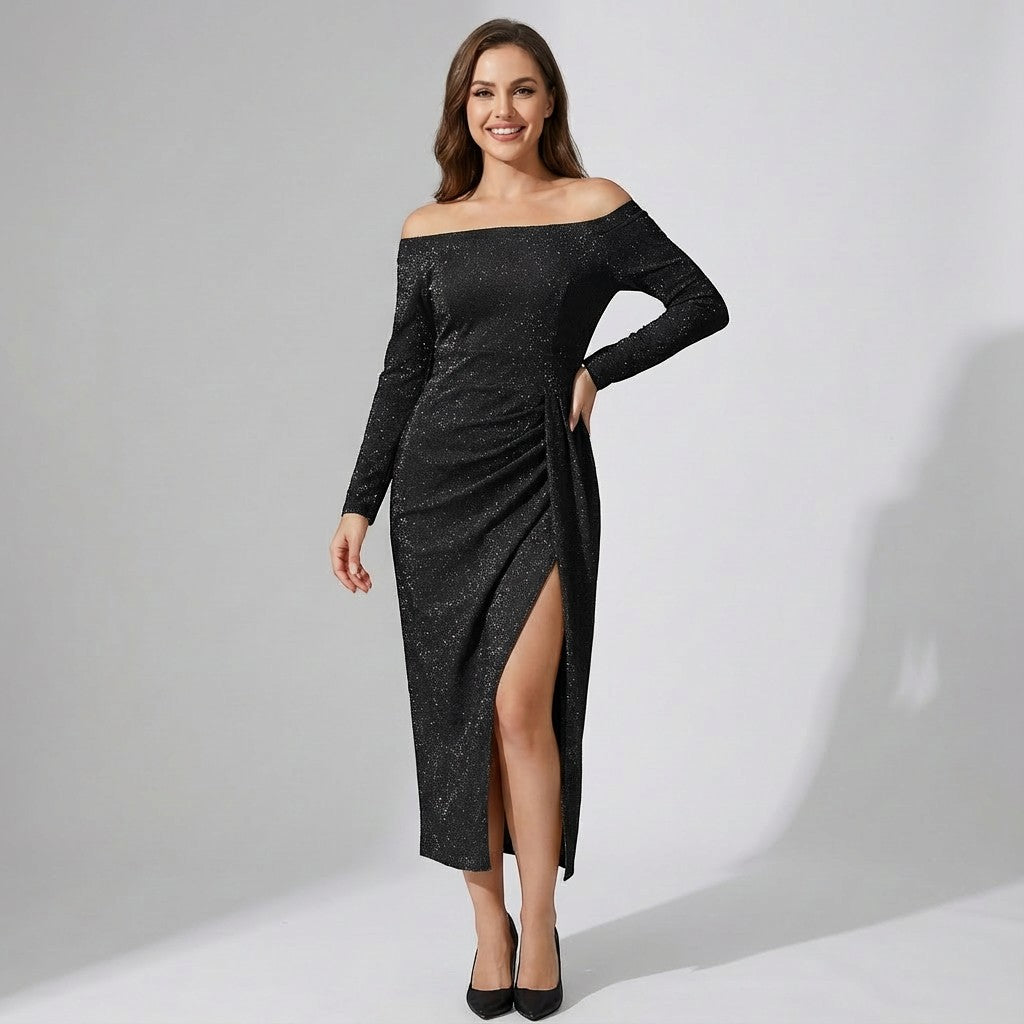 Damen Kleid mit schulterfreiem, schimmerndem Strick – Bodycon-Schnitt