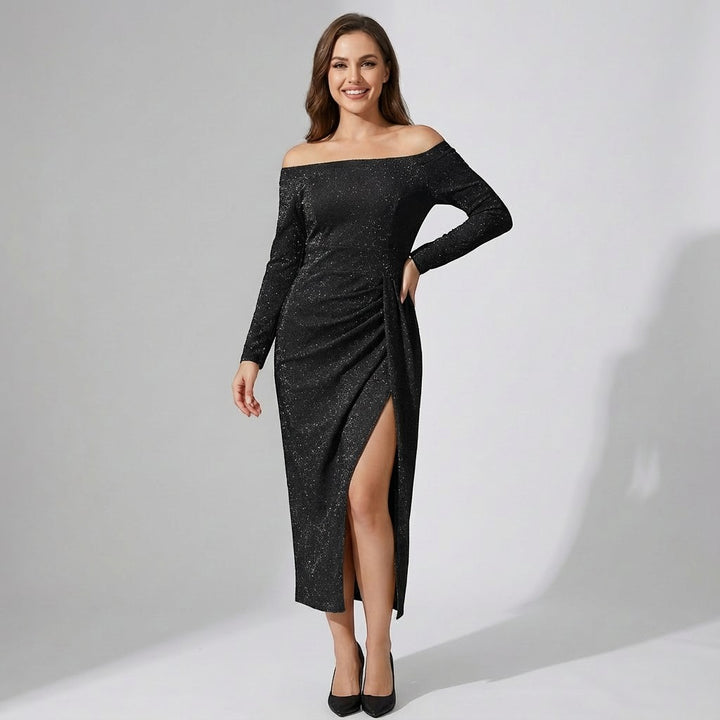 Damen Kleid mit schulterfreiem, schimmerndem Strick – Bodycon-Schnitt