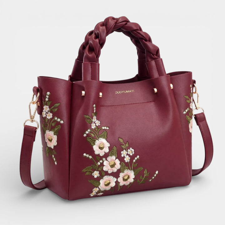 Borsa shopper da donna in pelle con ricamo floreale – borsa strutturata di media grandezza da portare a spalla