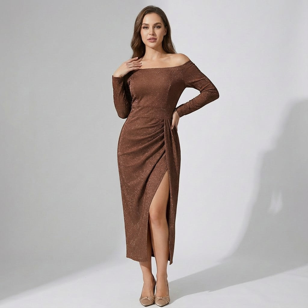 Damen Kleid mit schulterfreiem, schimmerndem Strick – Bodycon-Schnitt