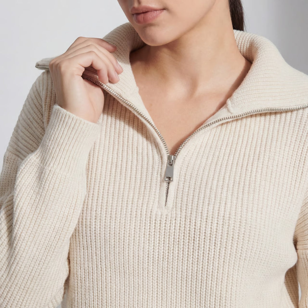 Damen Rippenstrick-Pullover mit halbem Reißverschluss