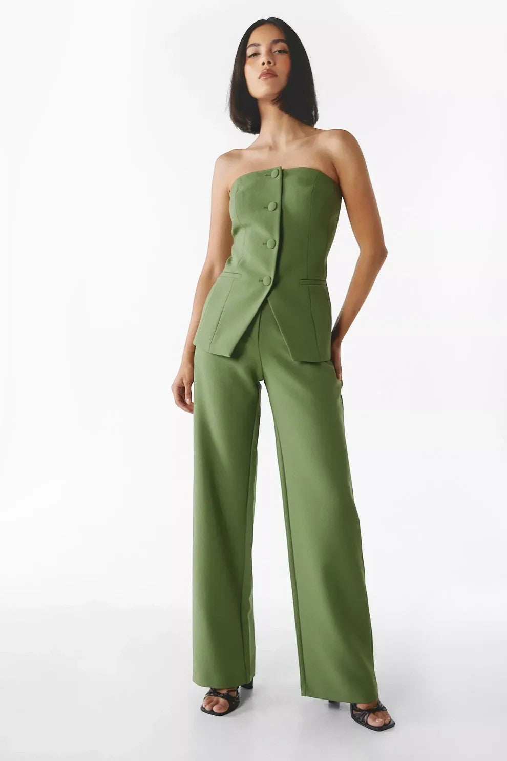 Claire Mode | Completo pantaloni donna due pezzi tailleur senza spalline in tessuto intrecciato