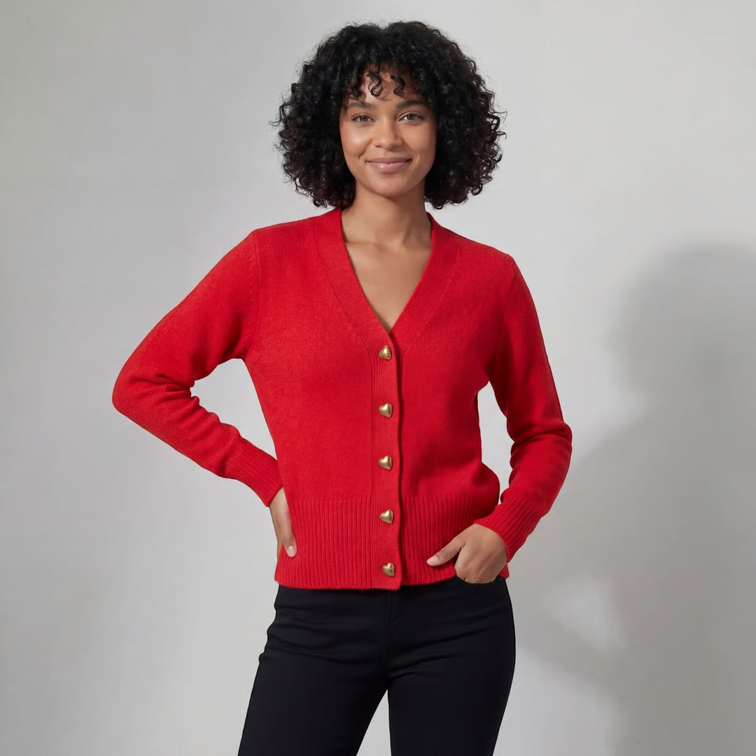 Damen Strickjacke mit V-Ausschnitt – Legere Passform mit Herzschließe