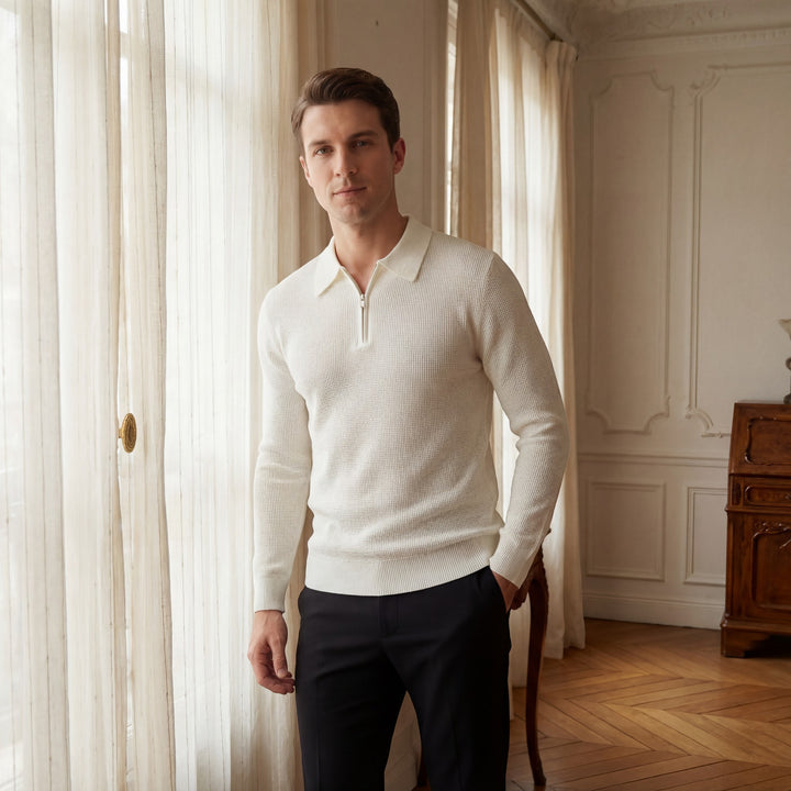 Claire Mode | Herren Pullover aus Waffelstrick mit halbem Reißverschluss