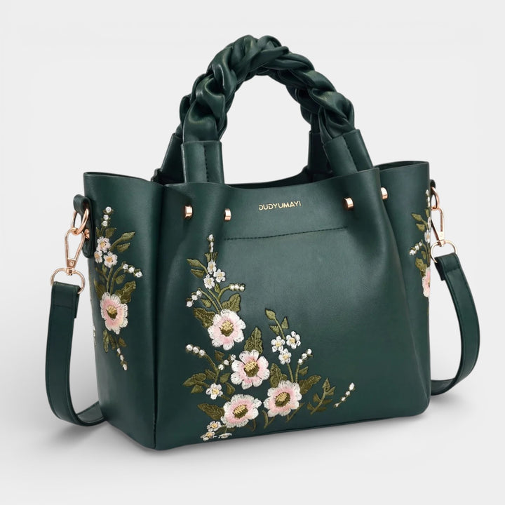 Borsa shopper da donna in pelle con ricamo floreale – borsa strutturata di media grandezza da portare a spalla