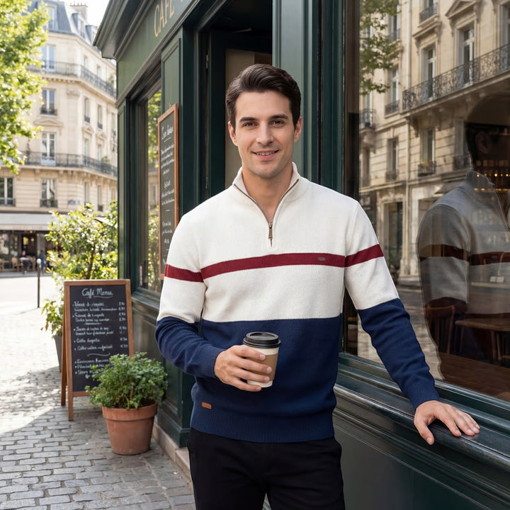 Herren Baumwollstrickpullover mit halbem Reißverschluss – Figurbetonte, strukturierte Passform