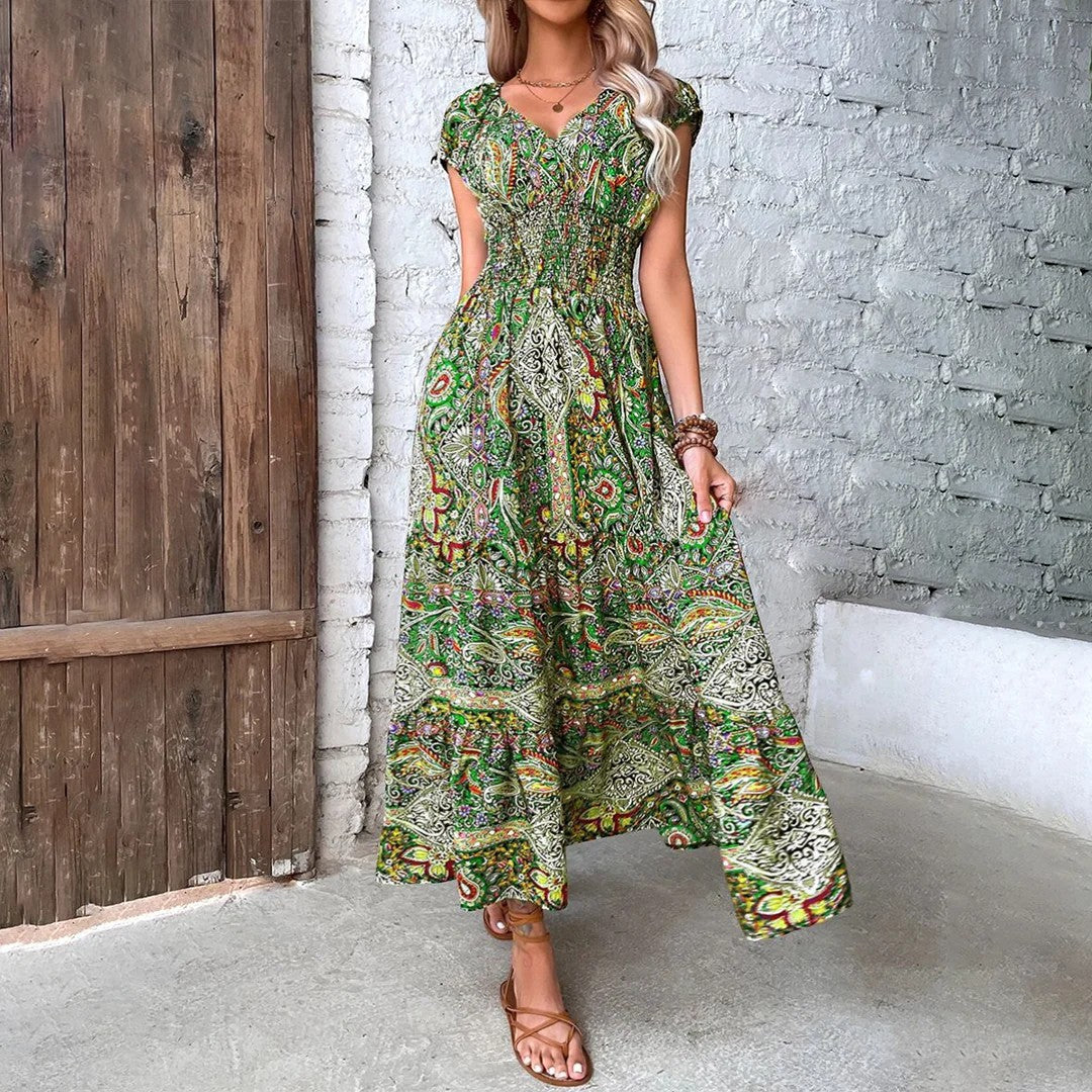 Boho Maxikleid mit V-Ausschnitt für Damen – Lässiger Schnitt mit fließendem Rock | Leichter gewebter Stoff