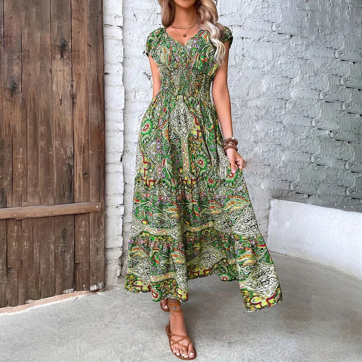 Boho Maxikleid mit V-Ausschnitt für Damen – Lässiger Schnitt mit fließendem Rock | Leichter gewebter Stoff