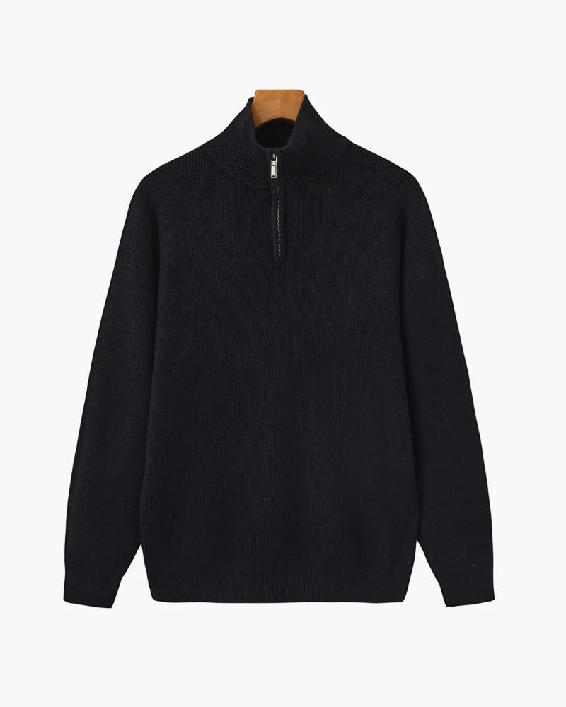 Herrenpullover aus Feinstrick mit halbem Reißverschluss – Stehkragen