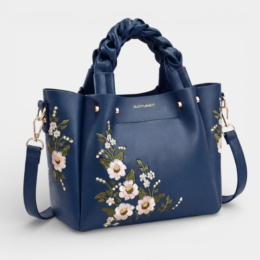 Borsa shopper da donna in pelle con ricamo floreale – borsa strutturata di media grandezza da portare a spalla