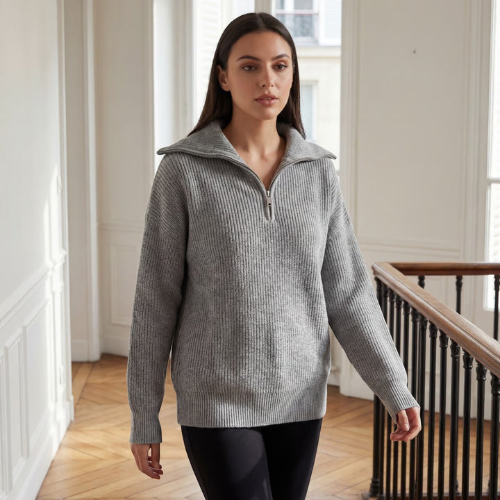 Damen Rippenstrick-Pullover mit halbem Reißverschluss