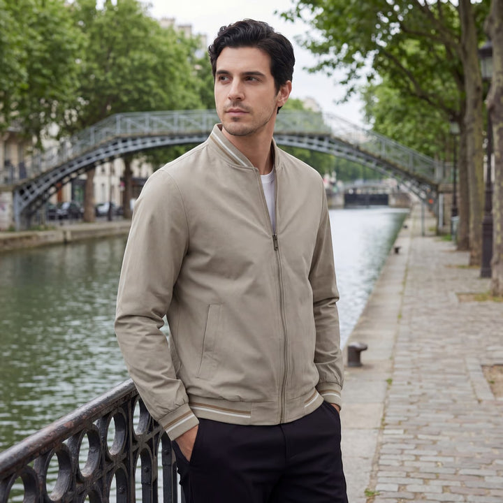 Claire Mode | Herren leichte Stehkragenjacke mit Reißverschluss aus gewebtem Stoff