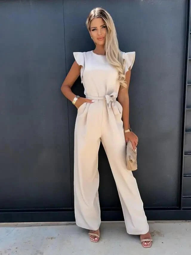 Damen Jumpsuit mit weitem Bein – Hohe Taille mit Bindegürtel | Fließend Drapierter gewebter Stoff