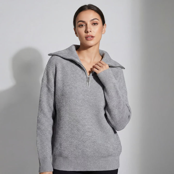 Damen Rippenstrick-Pullover mit halbem Reißverschluss