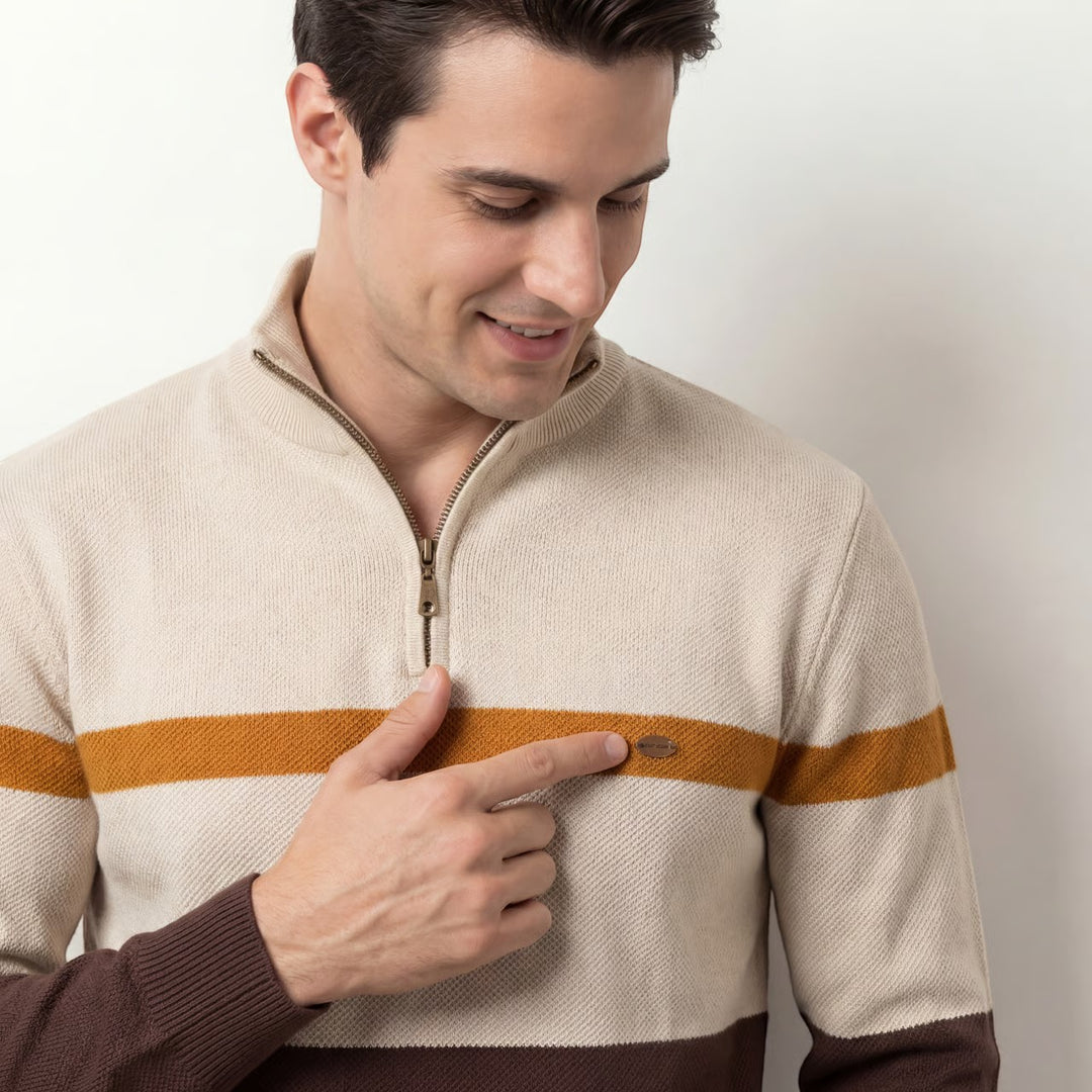 Herren Baumwollstrickpullover mit halbem Reißverschluss – Figurbetonte, strukturierte Passform