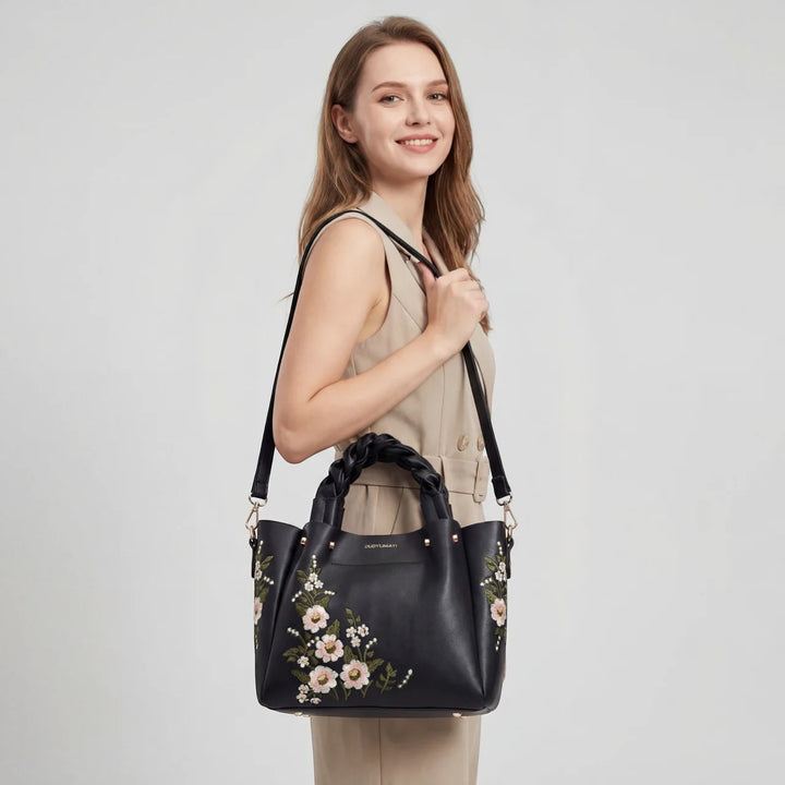 Borsa shopper da donna in pelle con ricamo floreale – borsa strutturata di media grandezza da portare a spalla