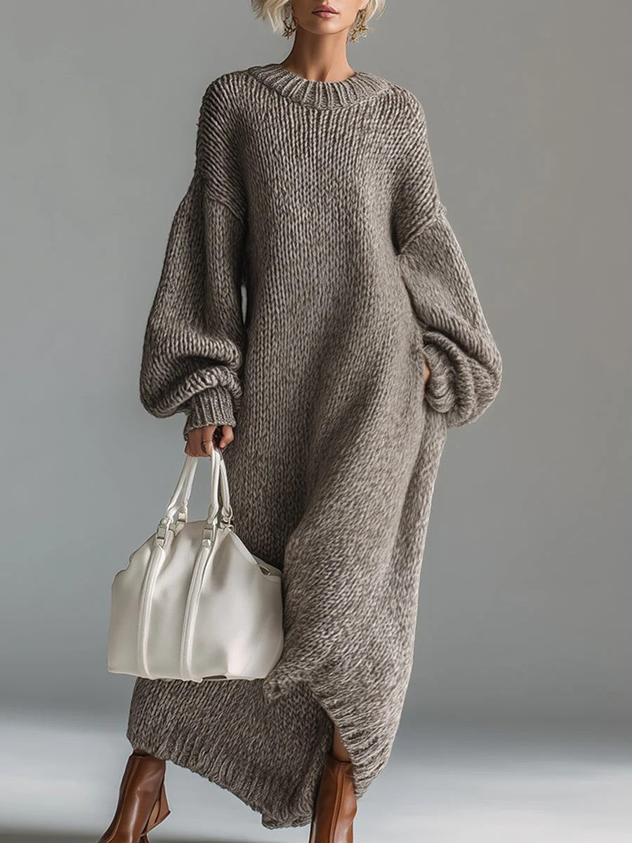 Pulloverkleid Damen Rundhalsausschnitt – Weite Passform Laternenärmel | Wollmischstrickware