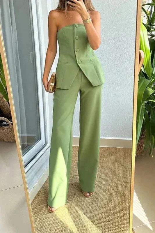 Claire Mode | Completo pantaloni donna due pezzi tailleur senza spalline in tessuto intrecciato