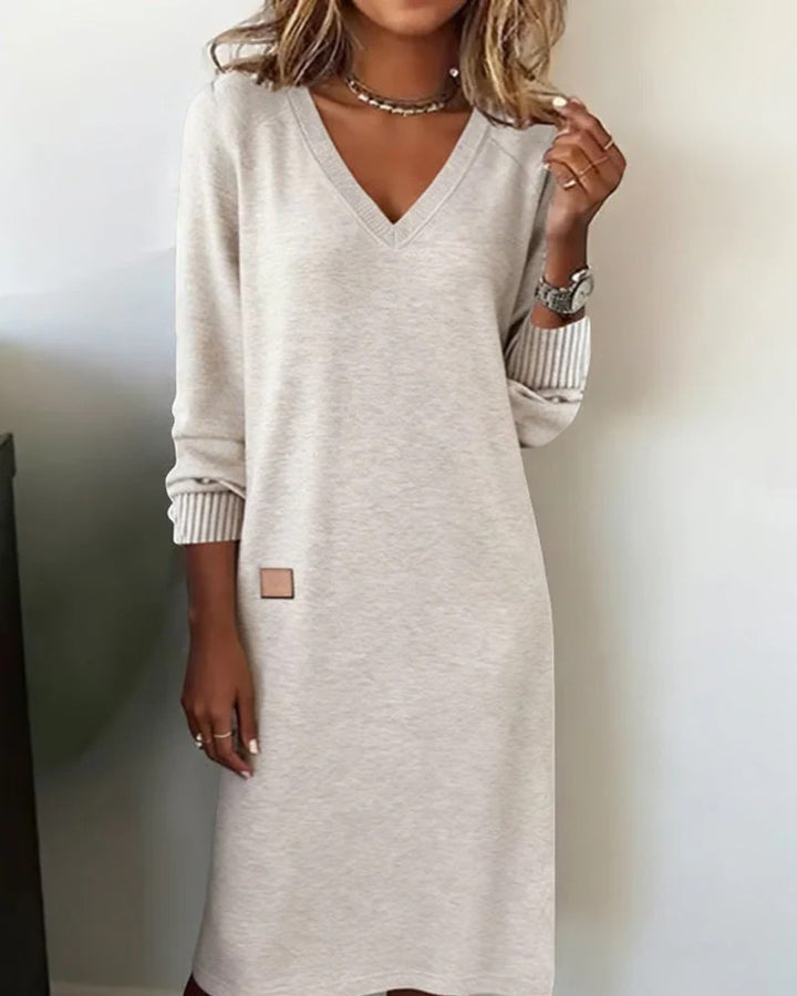 Midikleid Damen V-Ausschnitt Lange Ärmel – Gerade Legere Passform | Weiche Strickware