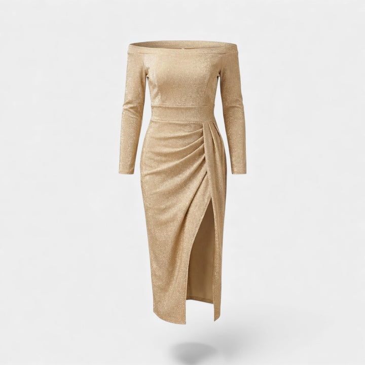 Damen Kleid mit schulterfreiem, schimmerndem Strick – Bodycon-Schnitt