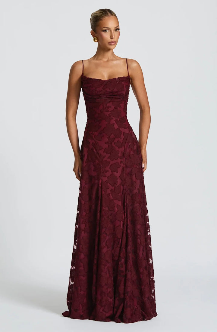 Vestito Maxi Donna con Schiena Scoperta e Lacci – Corsetto Aderente | Pizzo Testurizzato