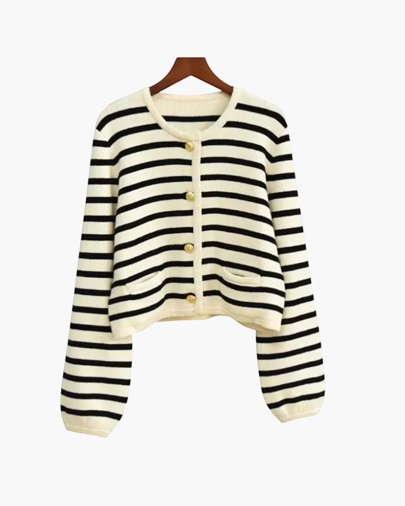 Damen kurzer Strickcardigan – Gestreift mit Knopfverschluss
