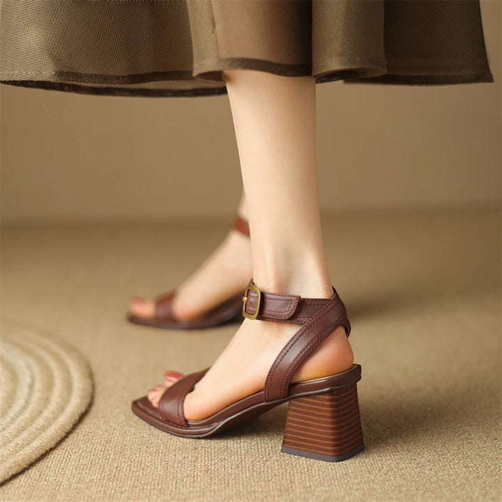 Damen Sandalen mit Absatz aus Leder – Quadratische Spitze Verstellbarer Riemen