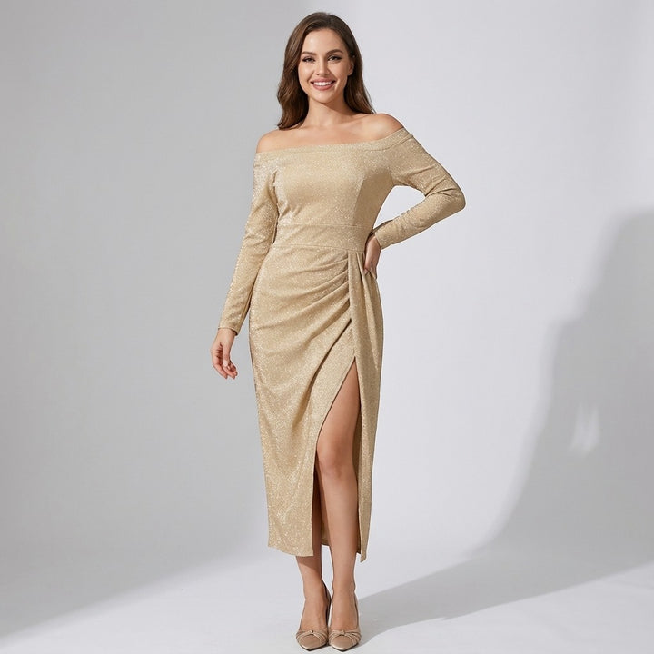 Damen Kleid mit schulterfreiem, schimmerndem Strick – Bodycon-Schnitt