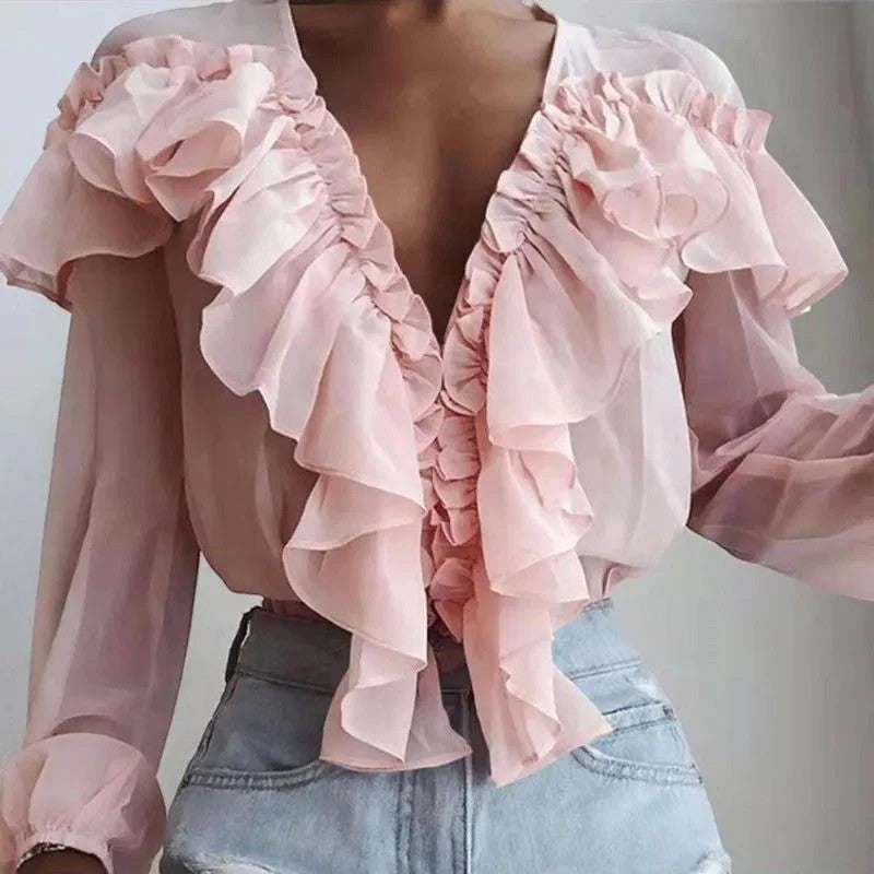 Damen Bluse mit V-Ausschnitt und Volants – Lange Ärmel, weiter Schnitt | Leichte Chiffon