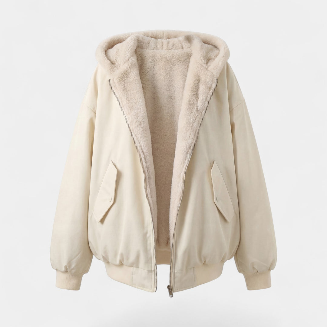 Claire Mode | Wendejacke mit Kapuze für Damen aus flauschigem Stoff