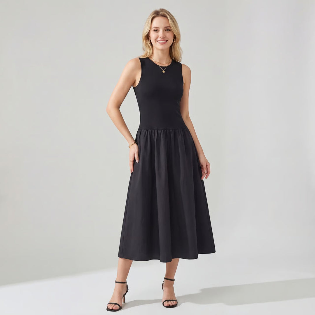 Damen ärmelloses Midikleid aus Stoff – A-Linien ausgestellte Passform