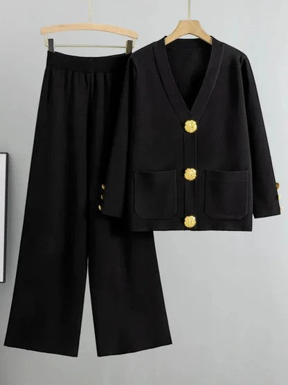 Zweiteiliges Damen-Set aus Spandex-Strick – Cardigan mit Knöpfen und weiter Hose