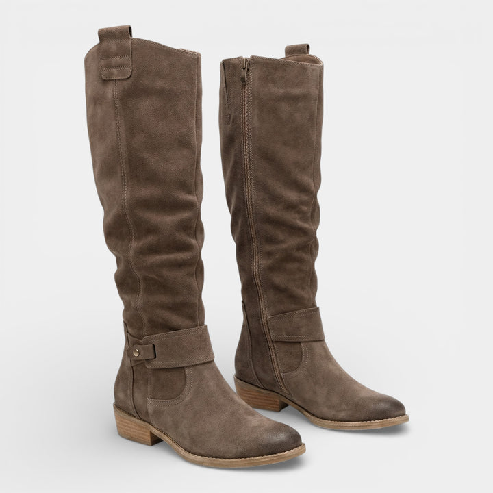 Claire Mode | Damen hohe Stiefel aus Veloursleder mit niedrigem Absatz