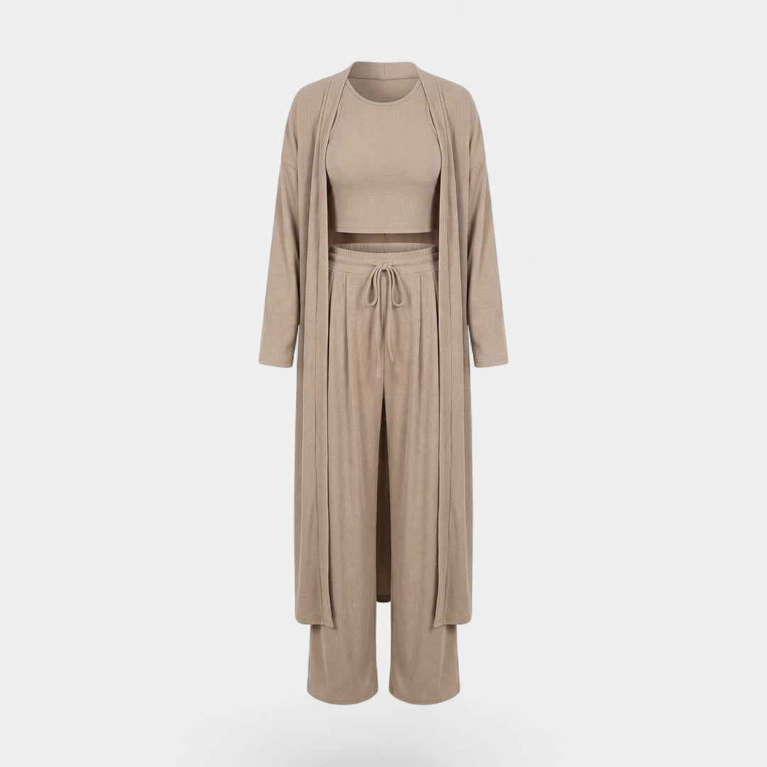 Damen Lounge-Set dreiteilig aus Stretchstoff – Lässiger Schnitt mit weitem Bein