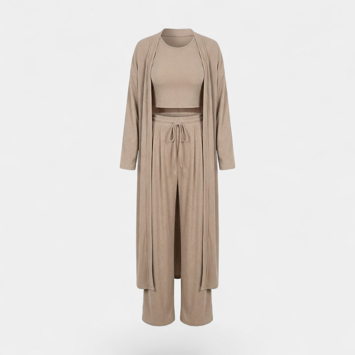 Damen Lounge-Set dreiteilig aus Stretchstoff – Lässiger Schnitt mit weitem Bein