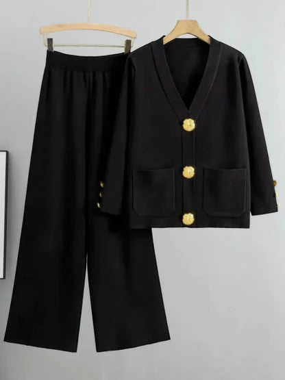 Damen Set aus Cardigan und Hose aus Acrylstrick – Lässiger Schnitt mit Knöpfen
