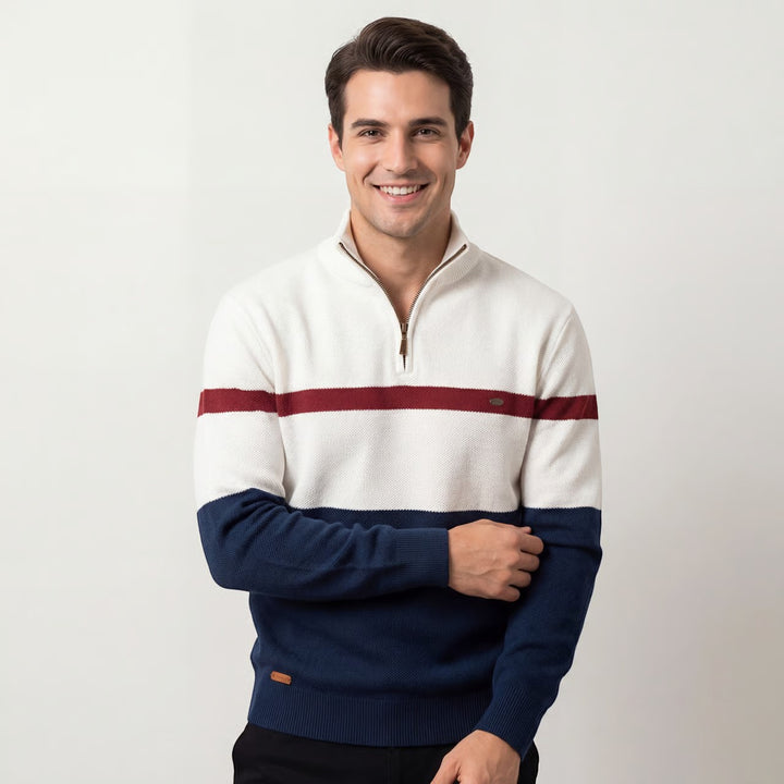 Herren Baumwollstrickpullover mit halbem Reißverschluss – Figurbetonte, strukturierte Passform