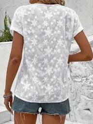 Women's Embroidered Lace Blouse – V-Neck and Front Button Closure