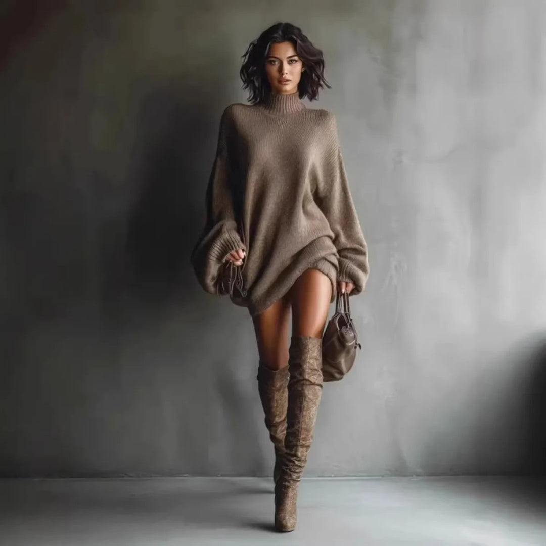 Gestricktes Mini-Kleid für Damen aus Velvet-Deer-Strickstoff – lockerer Schnitt, Lampionärmel