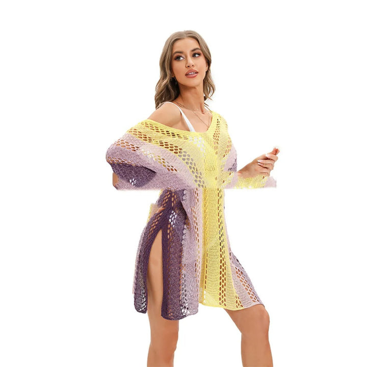 Robe de Plage Mini Femme Col V – Coupe Ample Rayée Manches Courtes