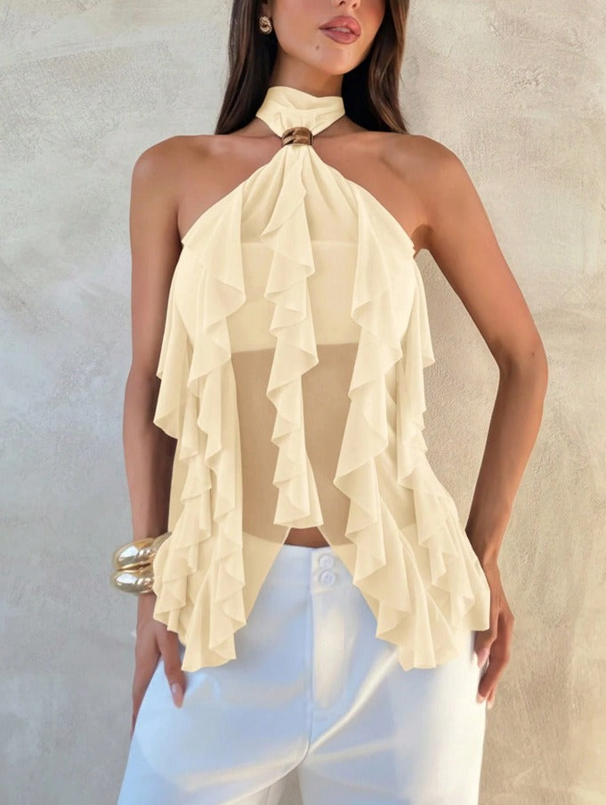 Blouse Femme à Volants Halter – Superposition Transparente Occasion