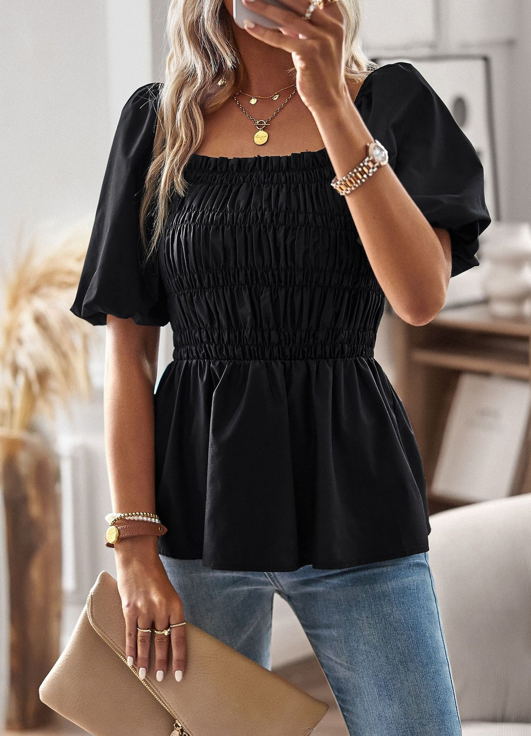 Bluse Damen Schulterfrei mit Peplum – Rüschenärmel, Tailliert