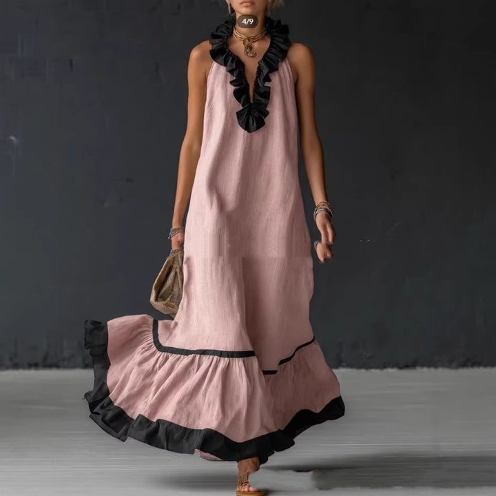 Damen Maxikleid mit Volants aus Baumwolle – Trapez-Silhouette, Ärmellos