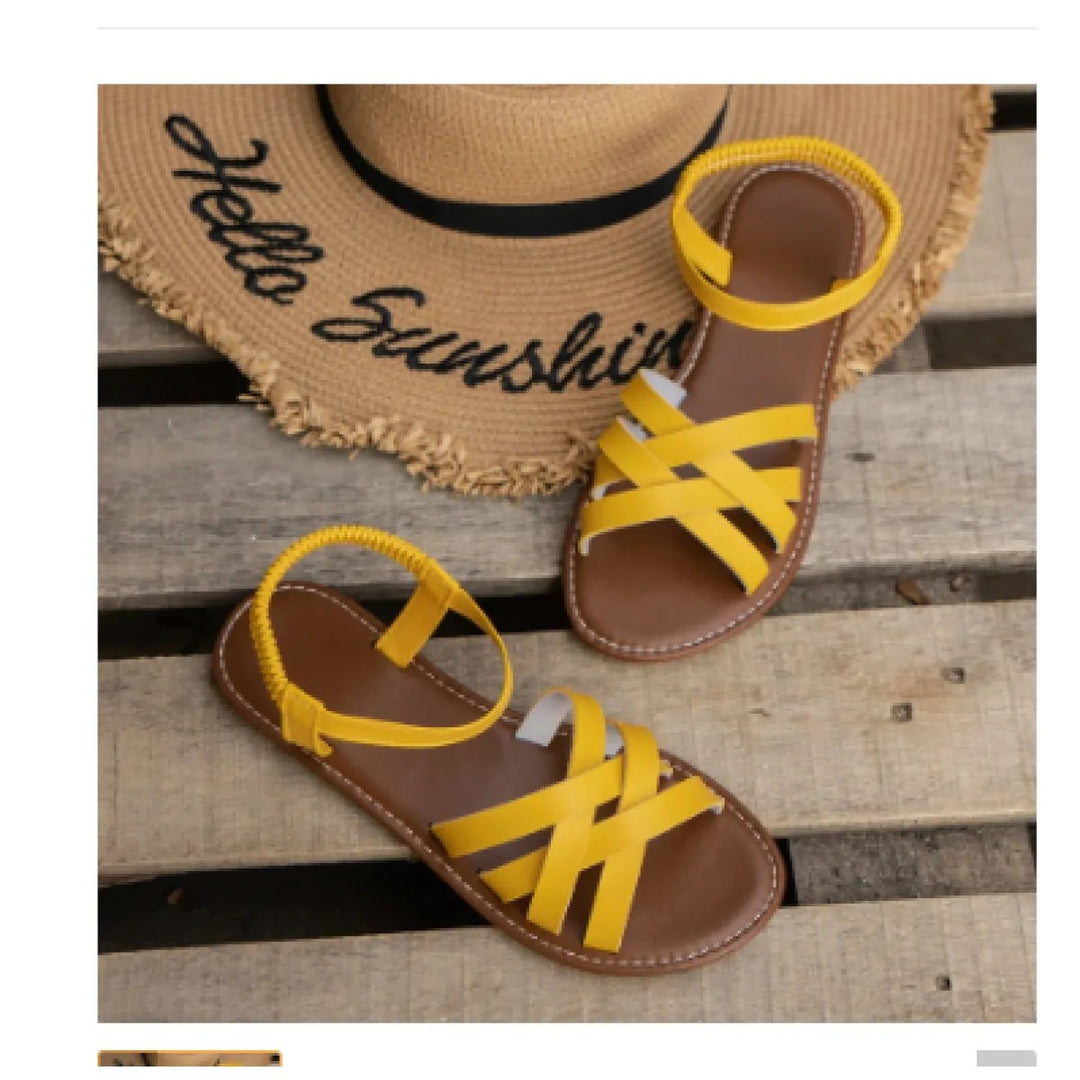 Sandales Plates Femme – Bout Rond, Multi-Brides et Bride Élastique Arrière